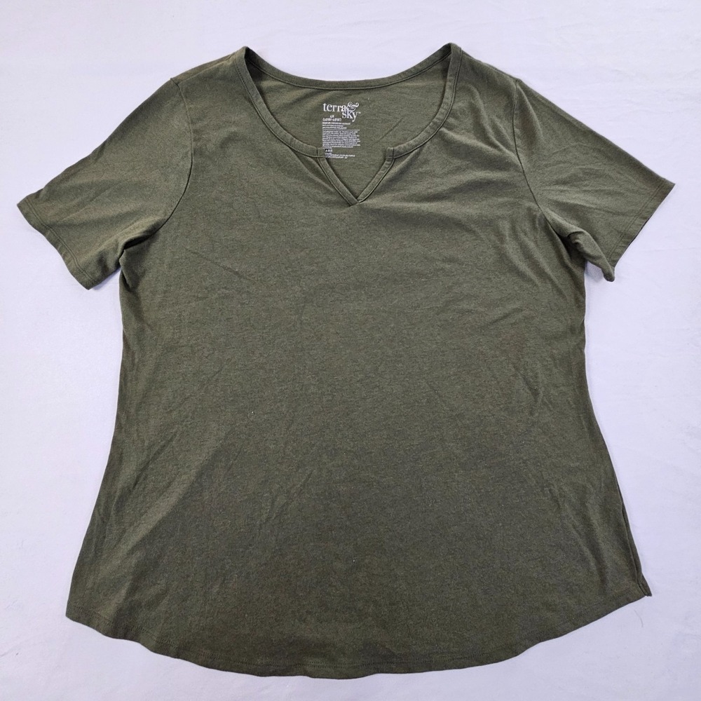 Terra & Sky Green Short Sleeve Cotton Blend V-Neck T-Shirt Women's 1X
